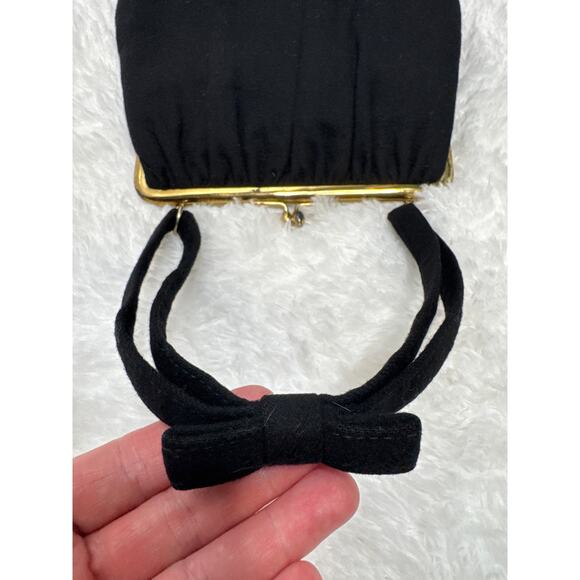 Vintage 1940s Ingber Black Fabric Evening Bag w/ Bow Handle & Gold Frame